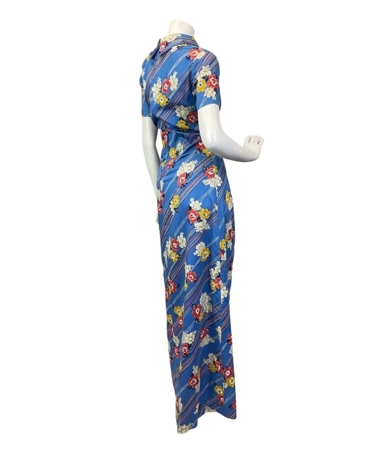 VINTAGE 60s 70s BLUE RED YELLOW STRIPED FLORAL COWL MAXI DRESS 10 12