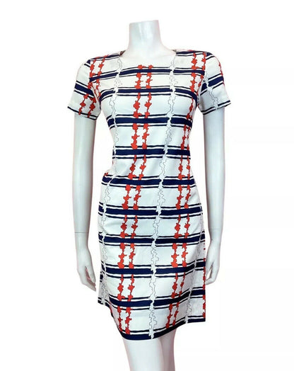 VINTAGE 60s 70s WHITE RED BLUE STRIPED MOD SCOOTER SHIFT MINI DRESS 8 10