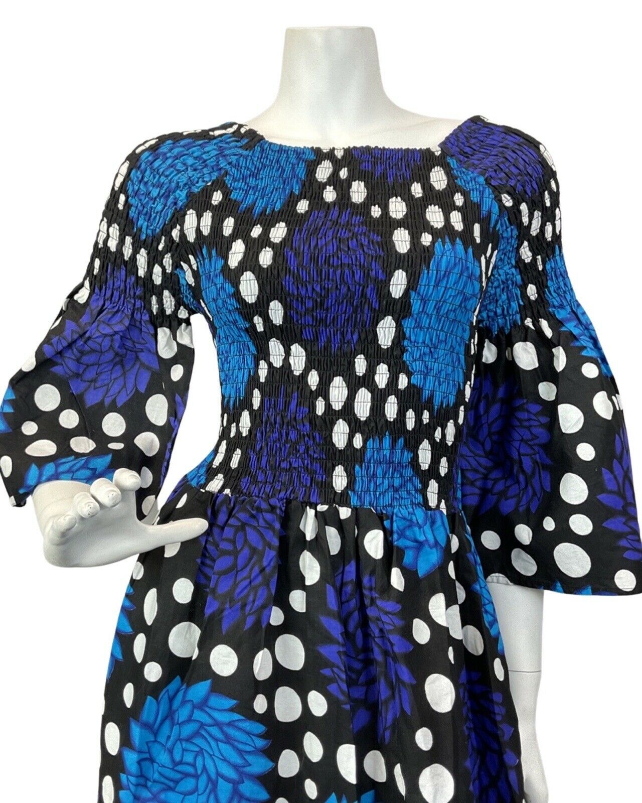 VINTAGE 70s BLUE BLACK WHITE POLKA-DOT FLORAL SHIRRED PSYCHEDELIC MAXI DRESS 6 8