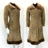 VTG 60s 70s PEANUT BROWN SHEARLING SUEDE DOUBLE-BREASTED PRINCESS SWING COAT 10