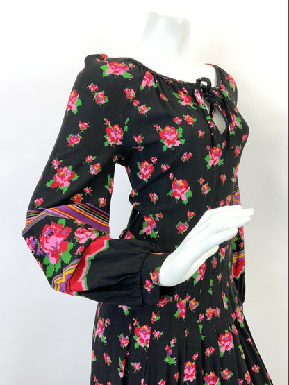 VINTAGE 60s 70s BLACK PINK GREEN RED FLORAL ROSE PIXEL FOLK BOHO MAXI DRESS 10