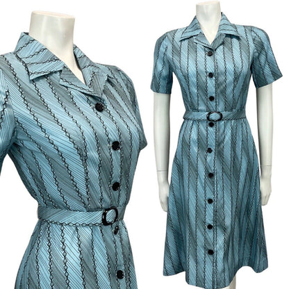 VTG 60s 70s METALLIC BLUE BLACK PATTERNED BUTTON DOWN BELTED SHIRT DRESS 10 12