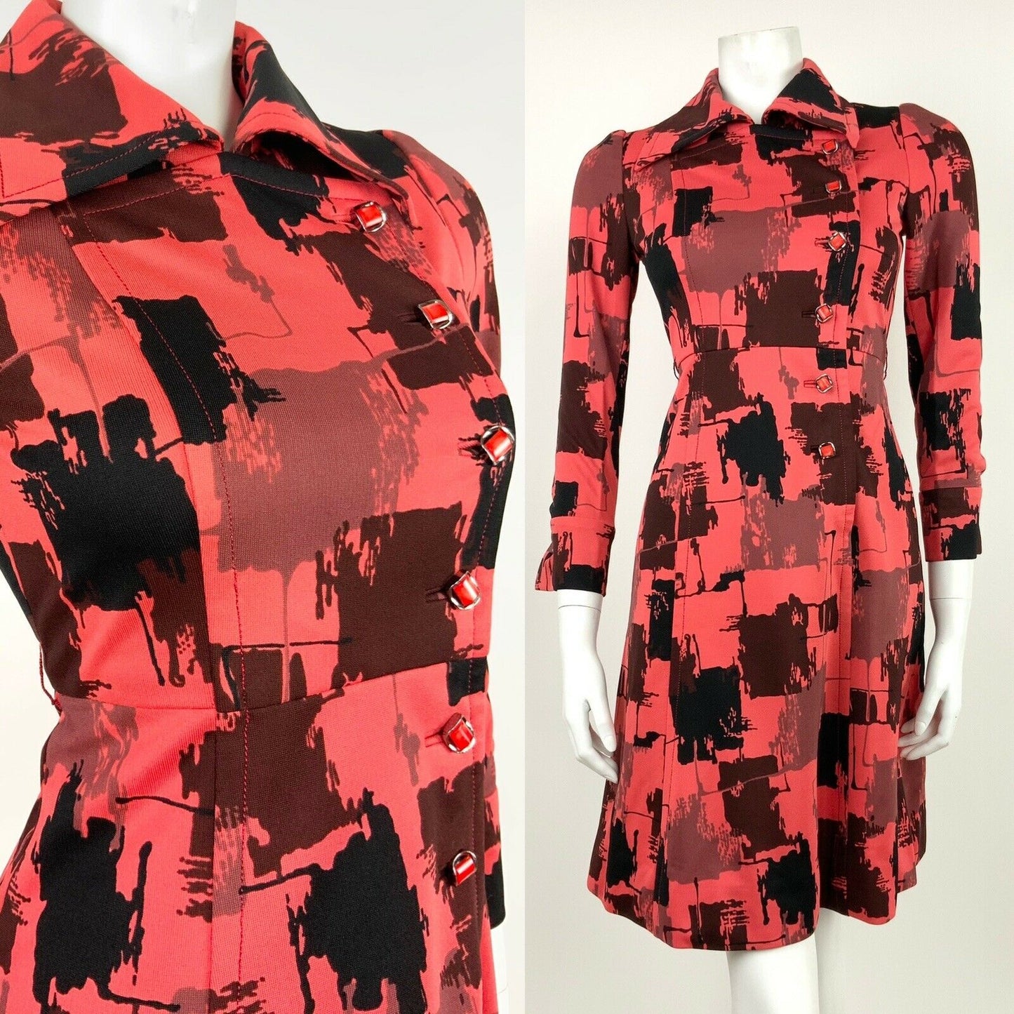 VINTAGE 60s 70s RED BLACK BROWN ABSTRACT SQUARE WING COLLAR ASYMMETRIC DRESS 8