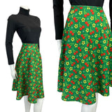 VINTAGE 60s 70s GREEN RED YELLOW CHERRY FLOWER PRINT A-LINE MOD SKIRT