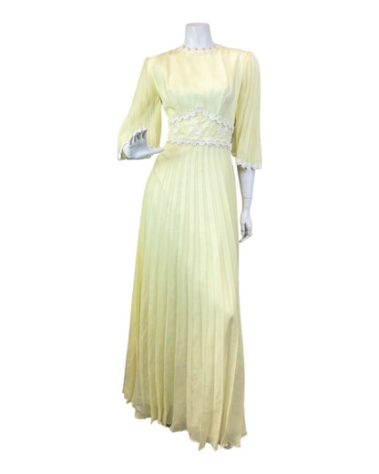 VINTAGE 60s 70s PASTEL YELLOW WHITE DAISY FLOWER BOHO MOD SHEER MAXI DRESS 10