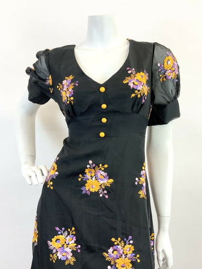 VINTAGE 60s 70s BLACK PURPLE YELLOW EMBROIDERED FLORAL SHEER MAXI DRESS 12