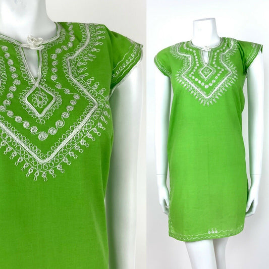 VINTAGE 60s 70s LIME GREEN COTTON KAFTAN WHITE EMBROIDERED ETHNIC 6 8