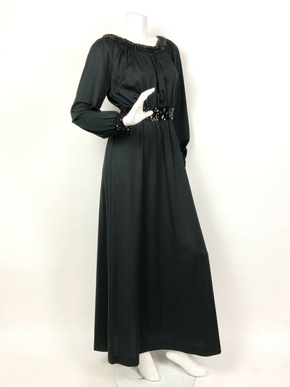 VINTAGE 60s 70s BLACK SEQUINNED RUCHED DISCO GLAM MAXI DRESS 8 10 12