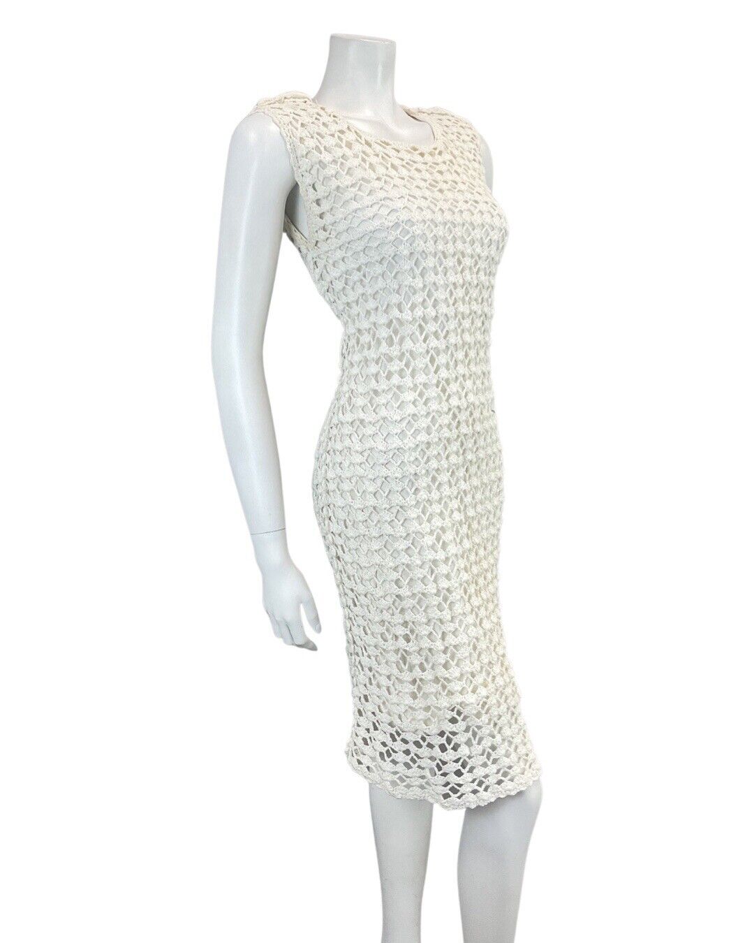 VINTAGE 60s 70s WHITE CROCHET KNITTED SLEEVELESS MOD SUMMER DRESS 10 12