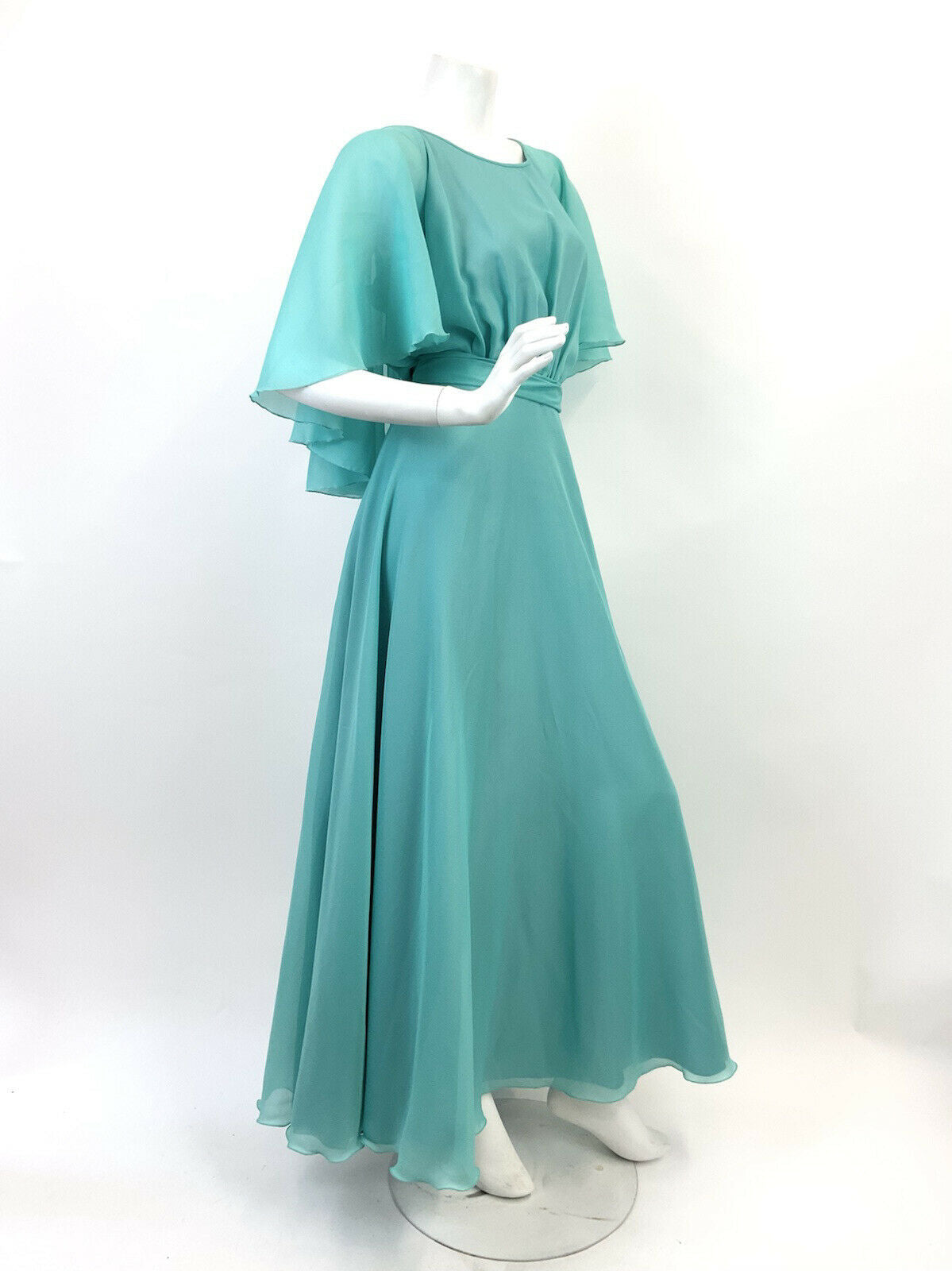 VINTAGE 60s 70s BLUE SEA GREEN FLOATY SHEER CAPE SLEEVE HOSTESS BOHO MAXI DRESS