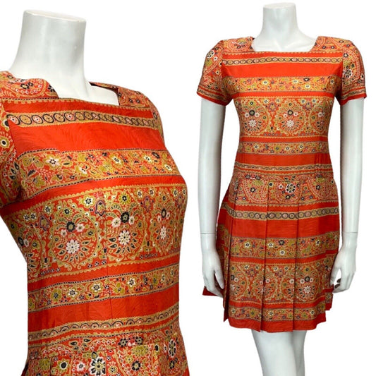 VINTAGE 60s 70s ORANGE GOLD PATTERNED PLEATED MINI DRESS 6 8