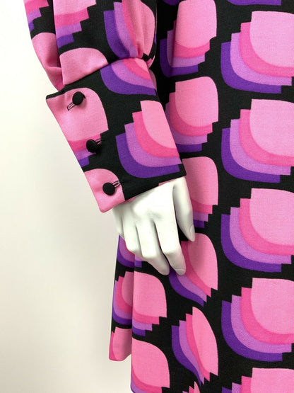 VTG 60s 70s BLACK PINK LILAC PURPLE OP-ART GEOMETRIC BATWING SLEEVE DRESS 14 16