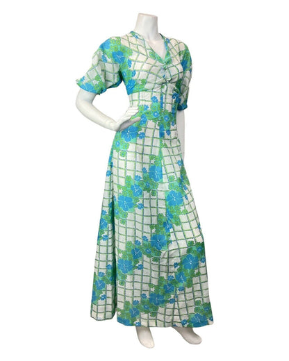 VINTAGE 60s 70s WHITE BLUE GREEN CHECKED FLORAL MOD MAXI DRESS 10 12