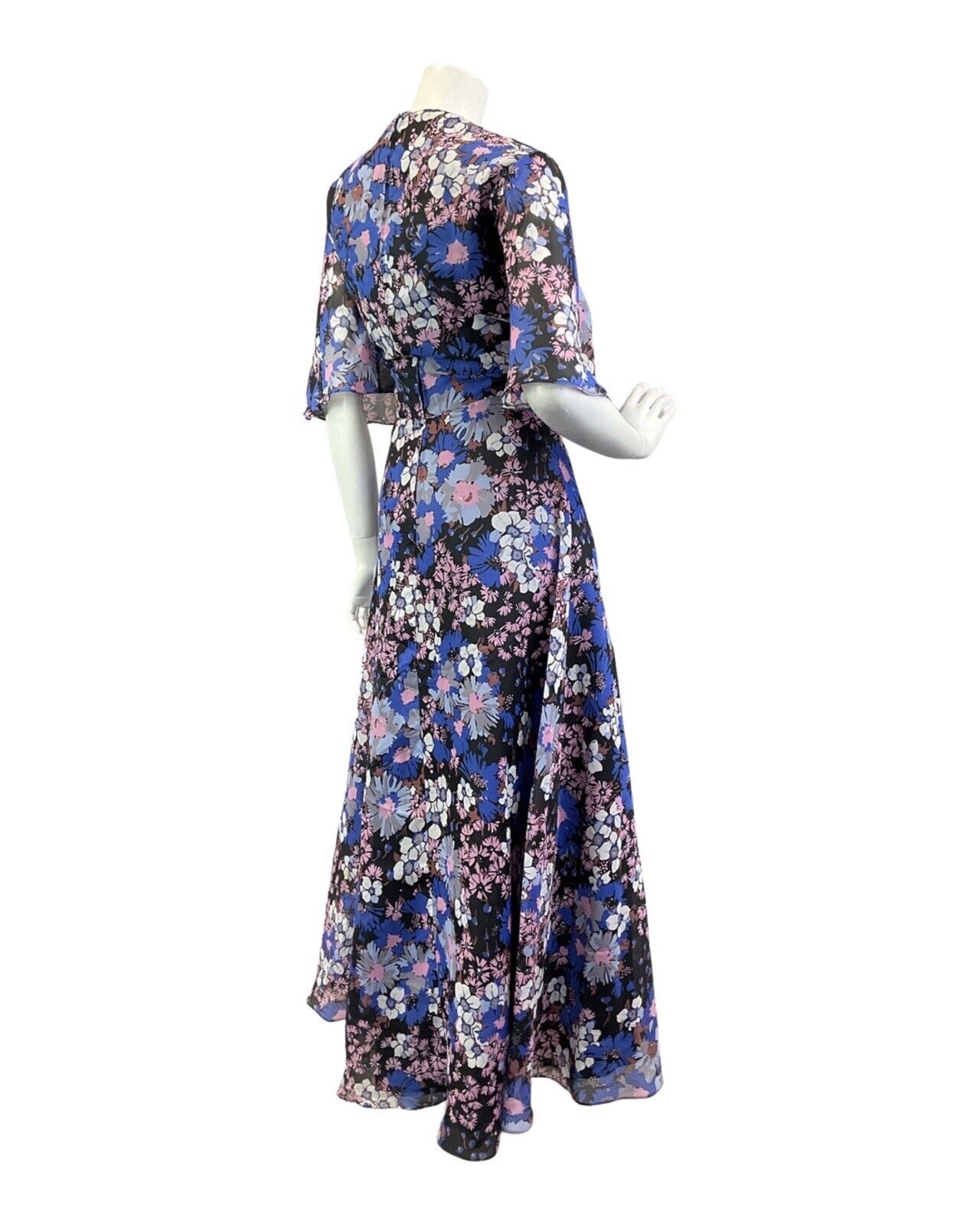 VINTAGE 60s 70s BLUE PINK BLACK FLORAL CAPE SLEEVE SUMMER MAXI DRESS 16 18