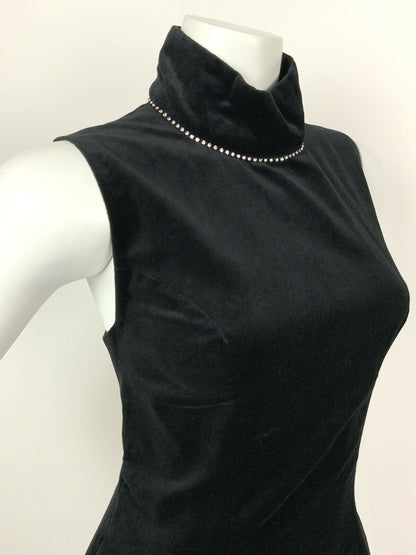 VINTAGE 60s 70s BLACK VELVET SILVER DIAMANTE STUDIO 54 DISCO MAXI DRESS 8 10