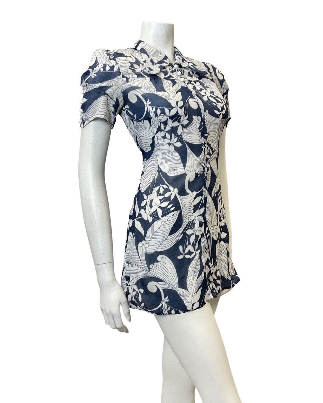 VINTAGE 60s 70s BLUE WHITE FLORAL LEAFY BEAGLE COLLAR MOD MINI DRESS 8 10