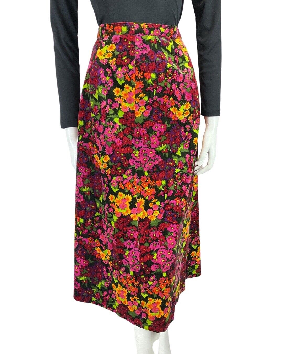 VINTAGE 60s 70s PINK YELLOW BLACK FLOWER POWER VELVET MIDI SKIRT 8 10