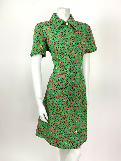 VINTAGE 60s 70s GREEN PINK RED YELLOW FLORAL DITSY DAGGER SHIRT DRESS 10 12