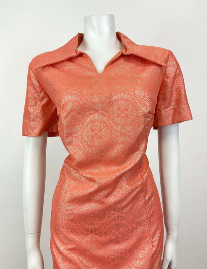 VTG 60s 70s ORANGE GOLD PSYCHEDELIC MANDALA MOD PARTY DAGGER SHIRT DRESS 14 16