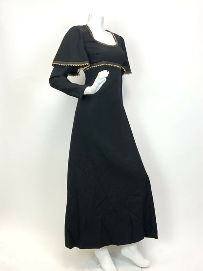 VTG 60s 70s BLACK GOLD RICRAC CAPE-SLEEVE GLAM PARTY EMPIRE LINE MAXI DRESS 8