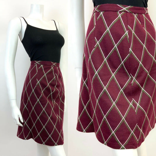 VINTAGE 60s 70s PLUM PURPLE GREEN WHITE DIAMOND CHECKED MOD SKIRT 8 10