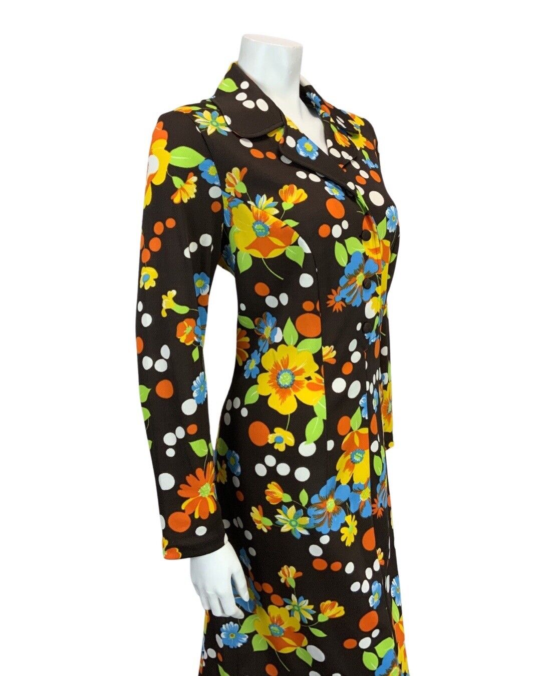 VTG 60s 70s BROWN ORANGE YELLOW FLORAL SPOTTY PSYCHEDELIC MOD SHIRT DRESS 14