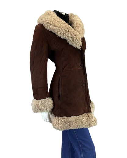 VINTAGE 60s 70s RUSSET BROWN CREAM MOD BOHO SUEDE SHEARLING COAT 14