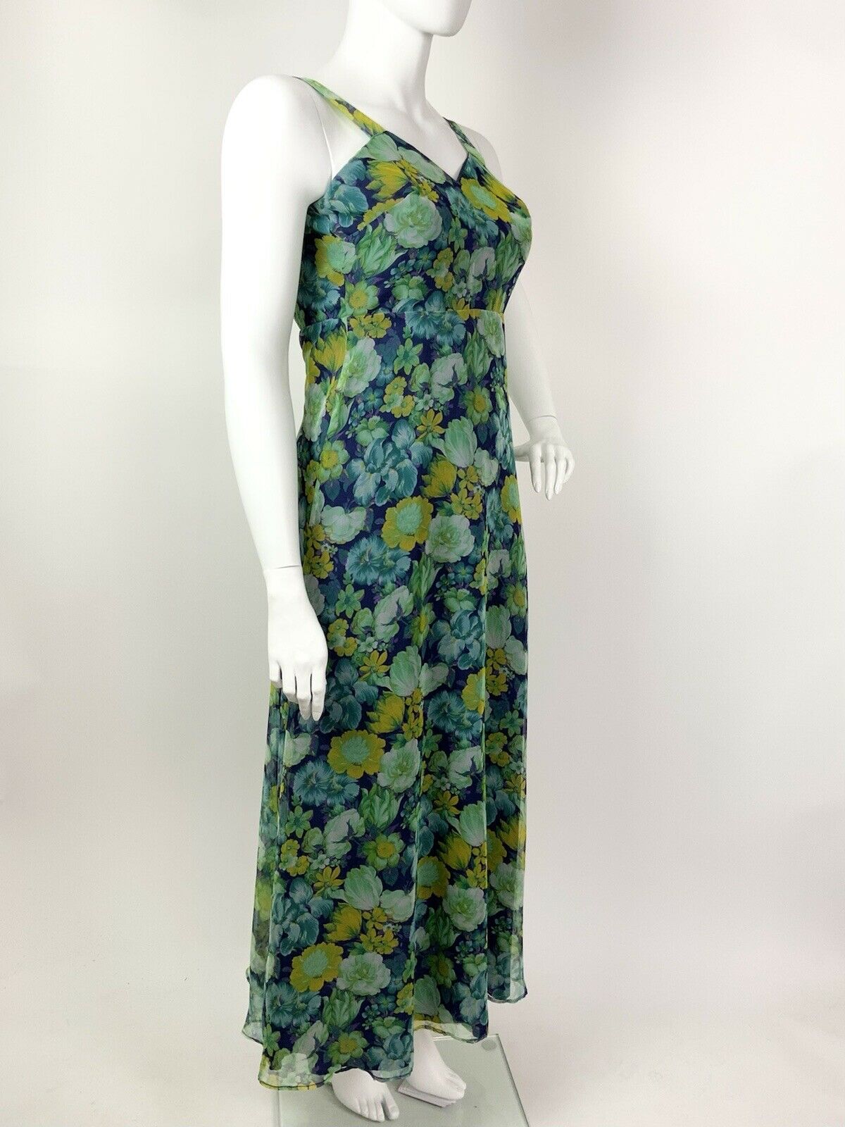 VINTAGE 60s 70s BLUE GREEN PURPLE FLORAL SHEER SWEETHEART MAXI DRESS 12