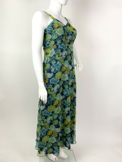 VINTAGE 60s 70s BLUE GREEN PURPLE FLORAL SHEER SWEETHEART MAXI DRESS 12