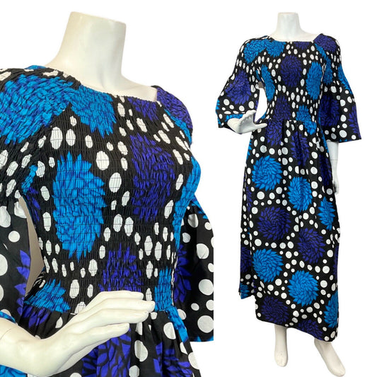 VINTAGE 70s BLUE BLACK WHITE POLKA-DOT FLORAL SHIRRED PSYCHEDELIC MAXI DRESS 6 8