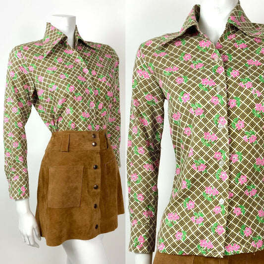 VINTAGE 60s 70s BROWN WHITE PINK CHECKED SQUARE FLORAL DAGGER SHIRT 10 12