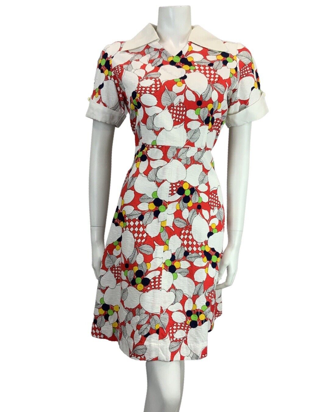 VINTAGE  WHITE RED NAVY BLUE YELLOW GREEN FLORAL PRINT MIDI MOD DRESS 12