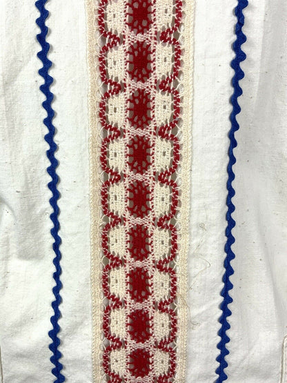 VTG 60s 70s CREAM RED BLUE RIC RAC CROCHET FOLK COTTON MINI SHIFT DRESS 12 14