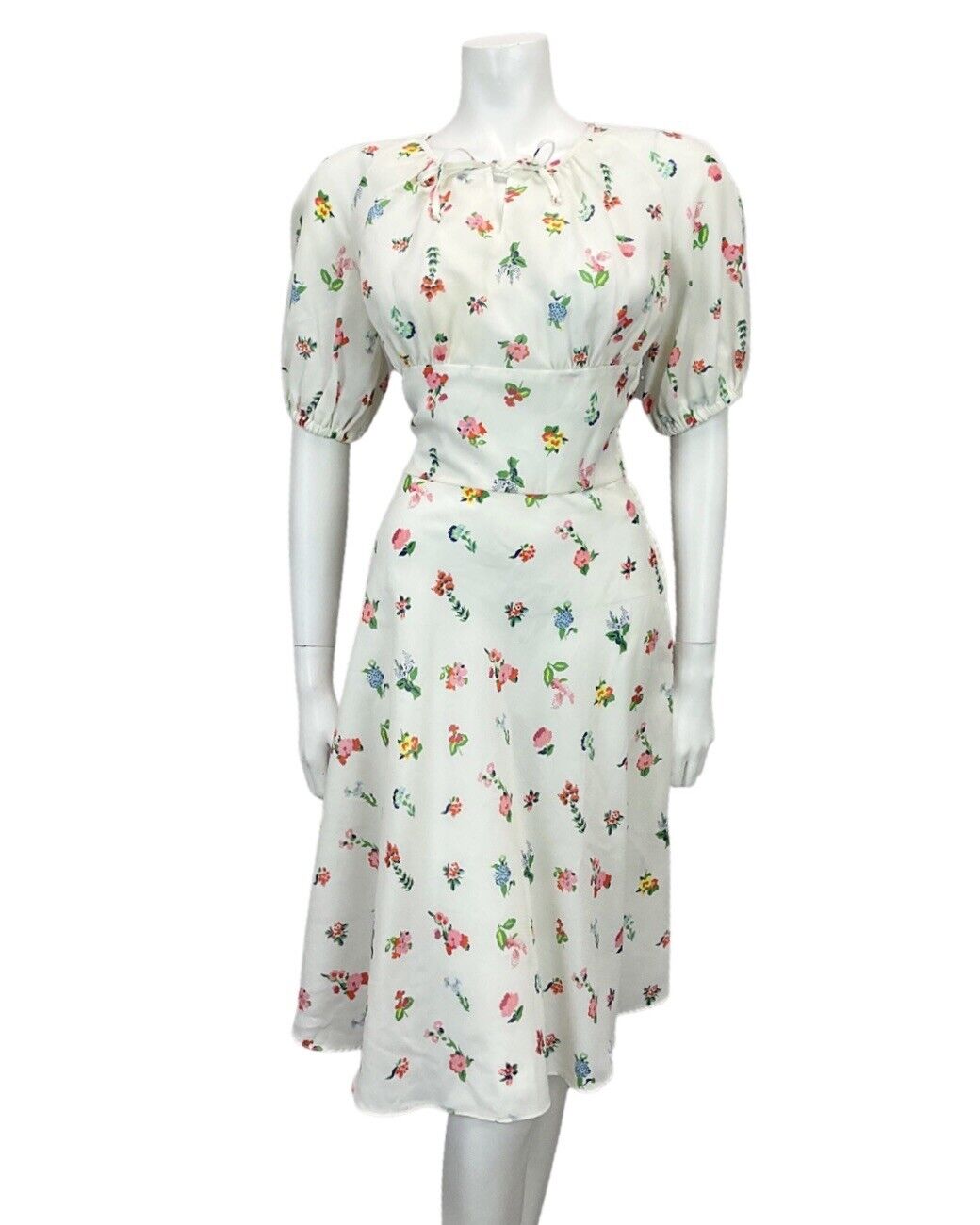 VINTAGE WHITE PINK GREEN YELLOW BLUE FLORAL PRINT MIDI DRESS 8 10