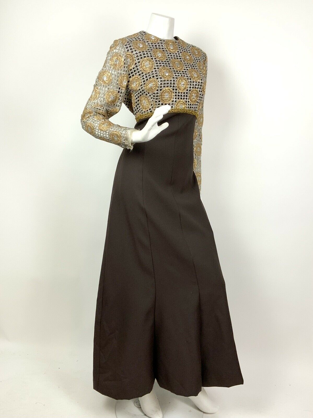 VINTAGE 60s 70s BROWN SILVER GOLD GEOMETRIC MESH PARTY DISCO MAXI DRESS 14 16