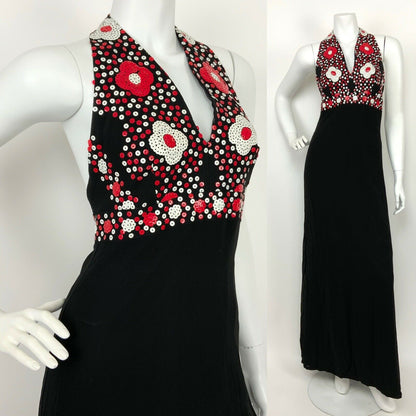 VTG 60s 70s BLACK RED WHITE SEQUIN DAISY FLOWER SHEER HALTER MAXI DRESS 6