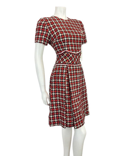 VINTAGE 60s 70s RED BLACK WHITE PLAID CHECKED MOD MINI WOOL DRESS 12