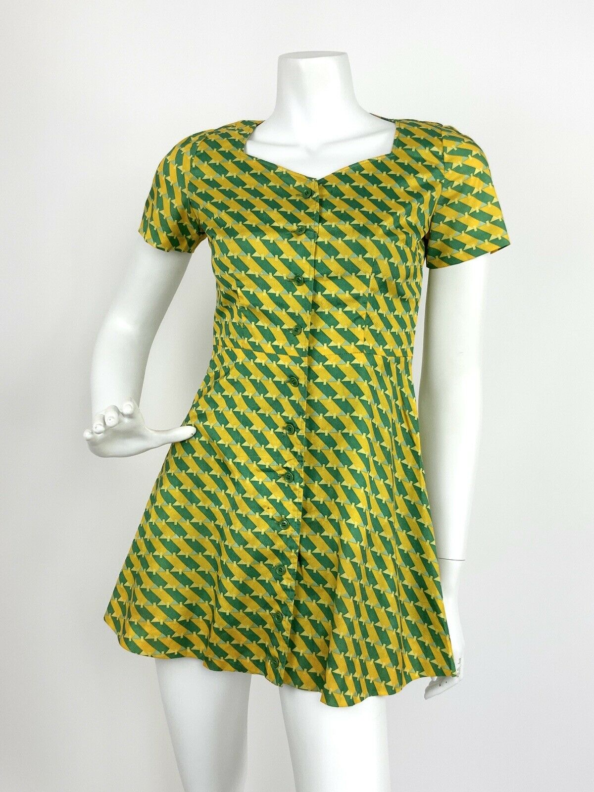 VTG 60s 70s GREEN YELLOW BLUE GEOMETRIC OP-ART SWEETHEART A-LINE MINI DRESS 6