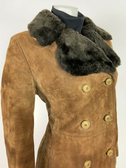 VTG 60s 70s BROWN BLACK SUEDE LEATHER FAUX FUR SHEARLING SHEEPSKIN COAT 12 14