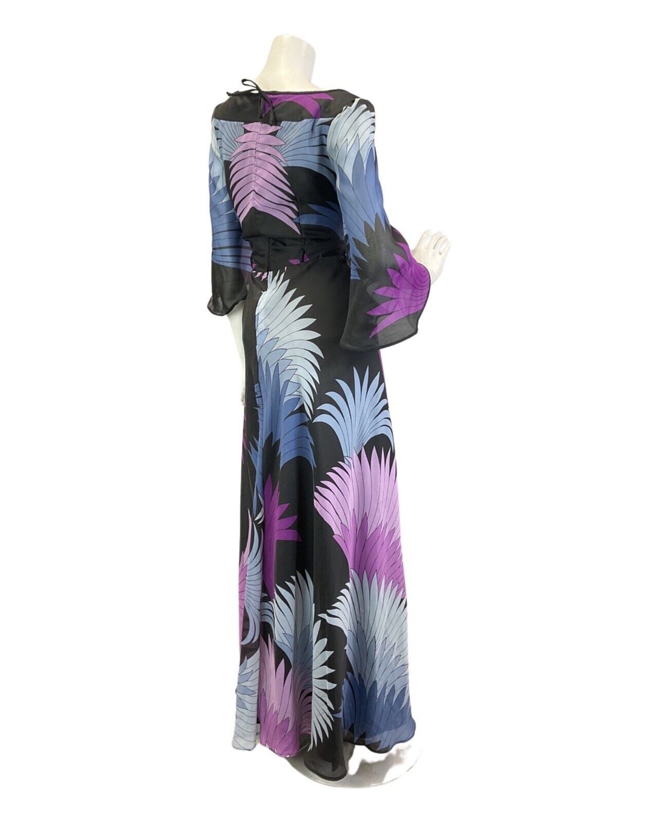 VINTAGE 60s 70s BLACK BLUE PURPLE FAN FEATHER MOD MAXI DRESS 12