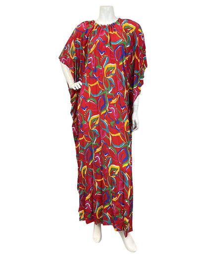 VINTAGE 60s 70s RED BLUE YELLOW ABSTRACT LEAFY PLEATED KAFTAN MAXI DRESS 12 14