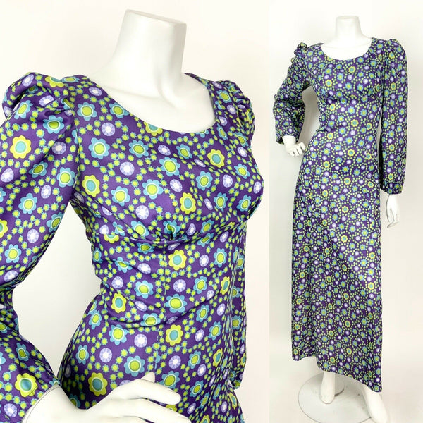 VTG 60s 70s PURPLE DAISY LIME GREEN BLUE PSYCHEDELIC FLORAL MAXI DRESS 8 10