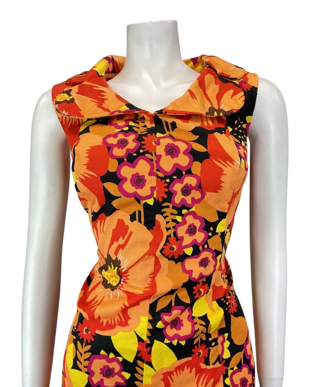 VTG 60s 70s ORANGE RED BLACK PSYCHEDELIC FLORAL CLOVER COLLAR MOD DRESS 12 14