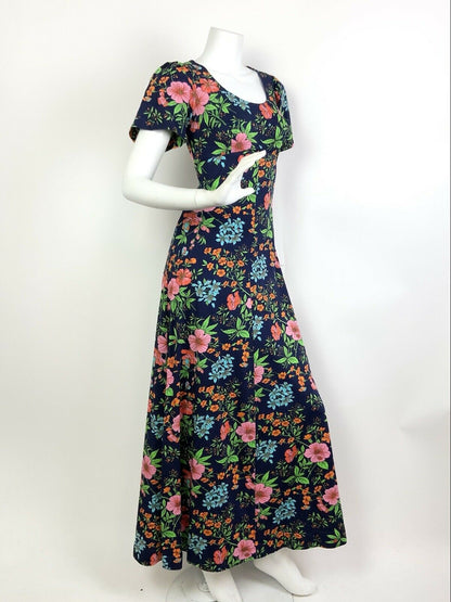 VTG 60s 70s BLUE PINK GREEN RED FLORAL BOTANICAL PSYCHEDELIC MAXI DRESS 10 12