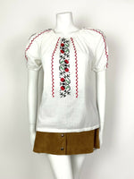 VTG 70s WHITE RED APPLE BLACK FLORAL EMBROIDERED PEASANT FOLK BLOUSE TOP 10 12