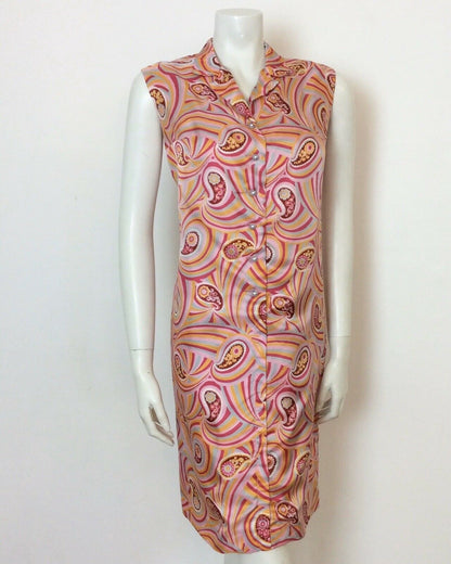 VINTAGE 60S 70S PINK ORANGE SWIRLY PSYCHEDELIC PAISLEY DRESS 14