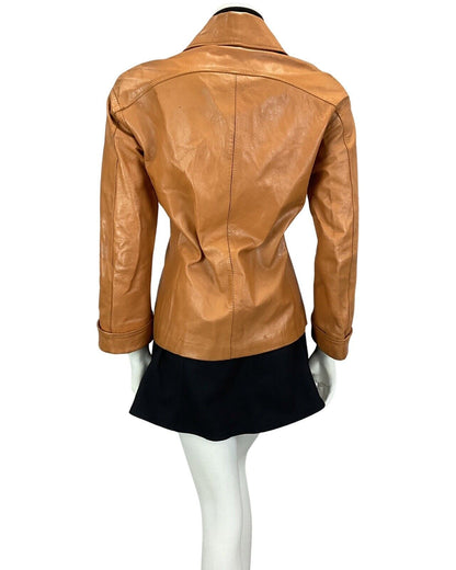 VTG 60s 70s DARK ORANGE TAN BROWN DAGGER COLLAR LEATHER MOD BIKER JACKET 12 14