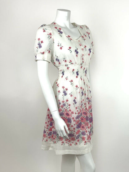 VINTAGE 60s 70s COTTON SUMMER DRESS FLORAL WHITE PINK PURPLE SWEETHEART 8 10