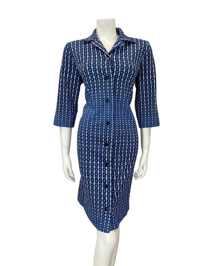 VINTAGE 60s 70s NAVY BLUE WHITE BLACK GRID CHECKED MOD SHIRT DRESS 16