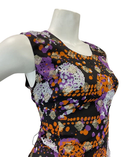 VINTAGE 60s 70s PURPLE ORANGE BLACK PSYCHEDELIC ABSTRACT PARTY MAXI DRESS 10 12